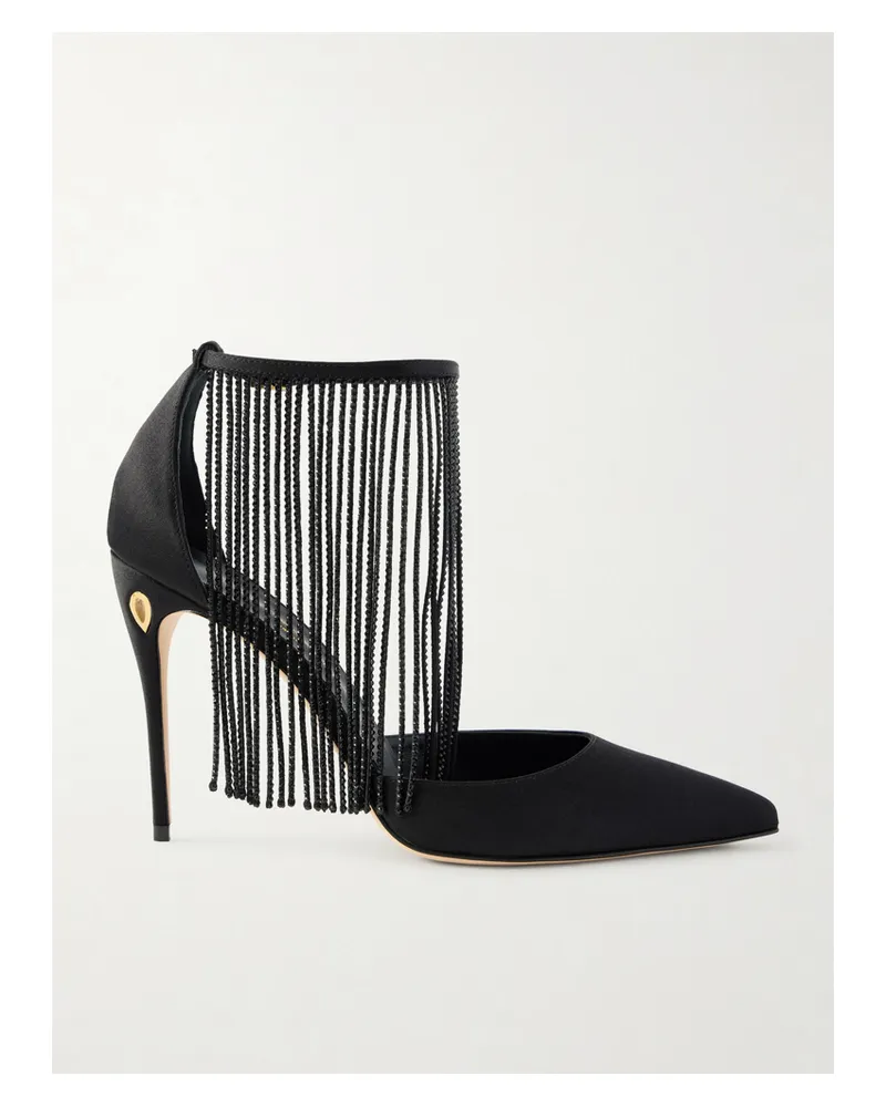 Jennifer Chamandi Fernando 105 Crystal-embellished Fringed Satin Pumps - Black Black