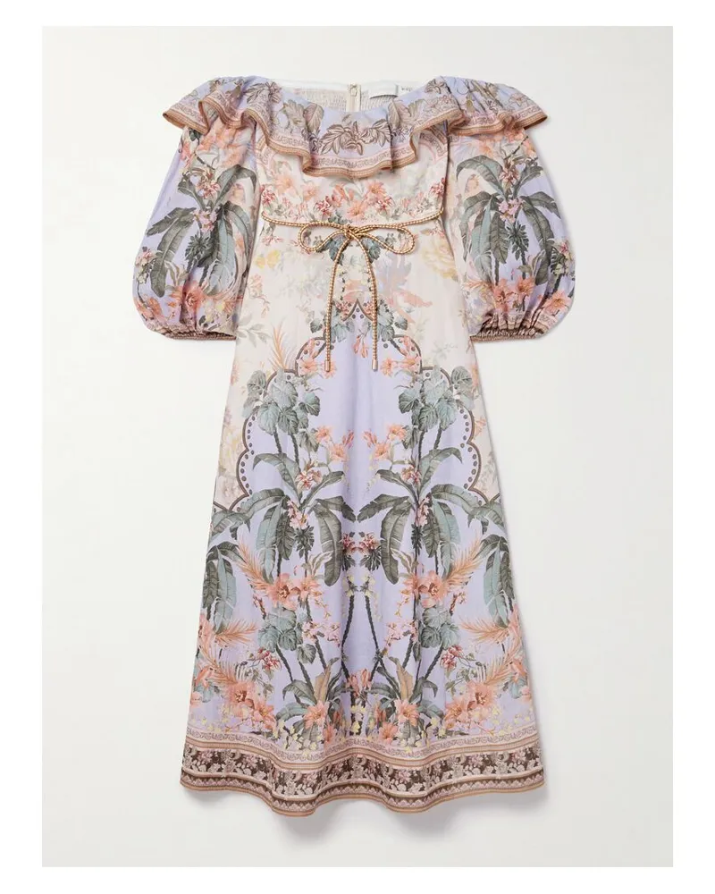 Zimmermann Wylie Schulterfreies Midikleid Aus Leinen Mit Blumenprint Und Bindegürtel - Blau Blau