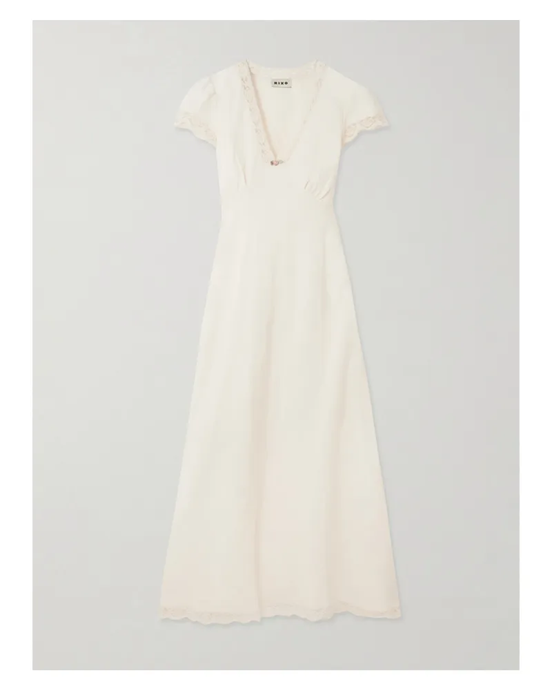 RIXO Clarice Midikleid Aus Einer Leinenmischung Mit Spitzenbesätzen - Creme Creme