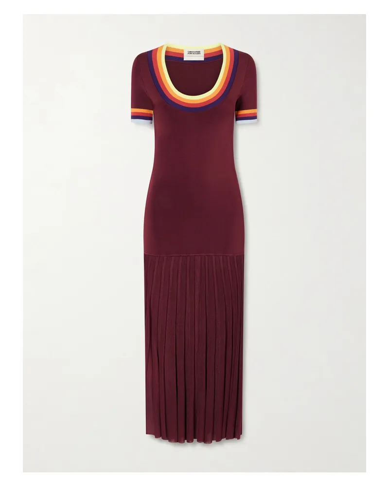 Christopher John Rogers Saucer Pleated Striped Jersey Midi Dress - Burgundy Burgundy