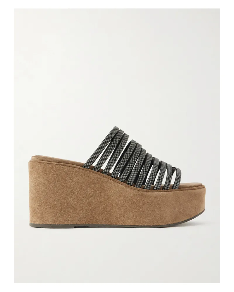 Brunello Cucinelli Embellished Suede Platform Mules - Black Black