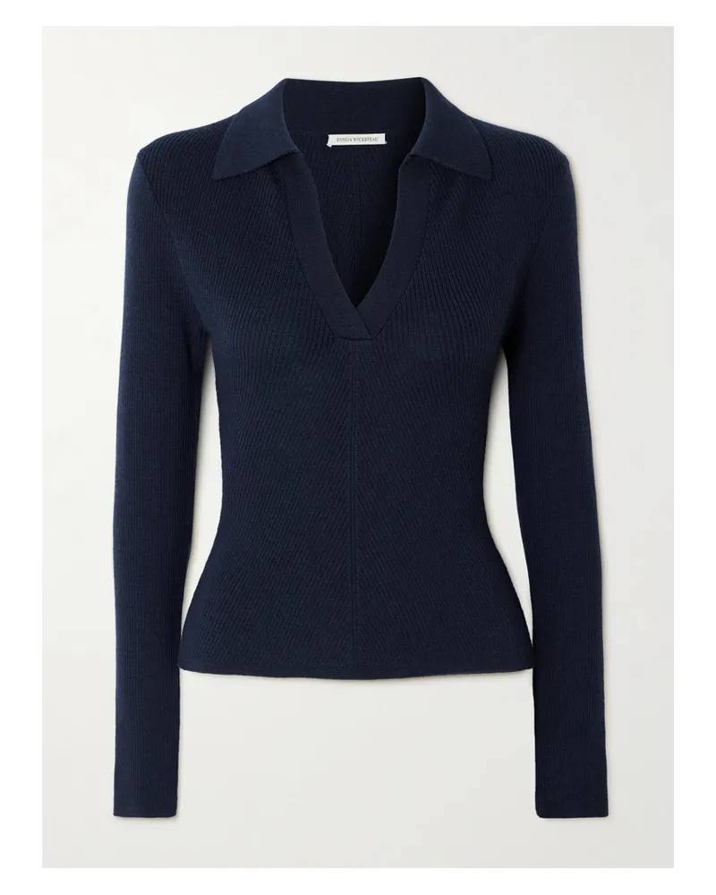 EMILIA WICKSTEAD Austin Ribbed Wool Polo Shirt - Blue Blue