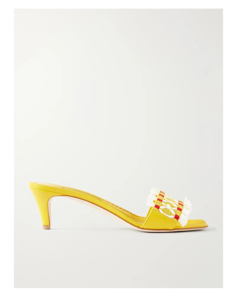 Manolo Blahnik Moremu 50 Raffia-trimmed Leather Mules - Yellow Yellow