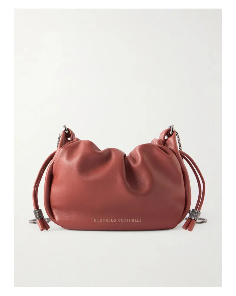 Brunello Cucinelli Mellow Mini Bead-embellished Leather Bucket Bag - Red Red