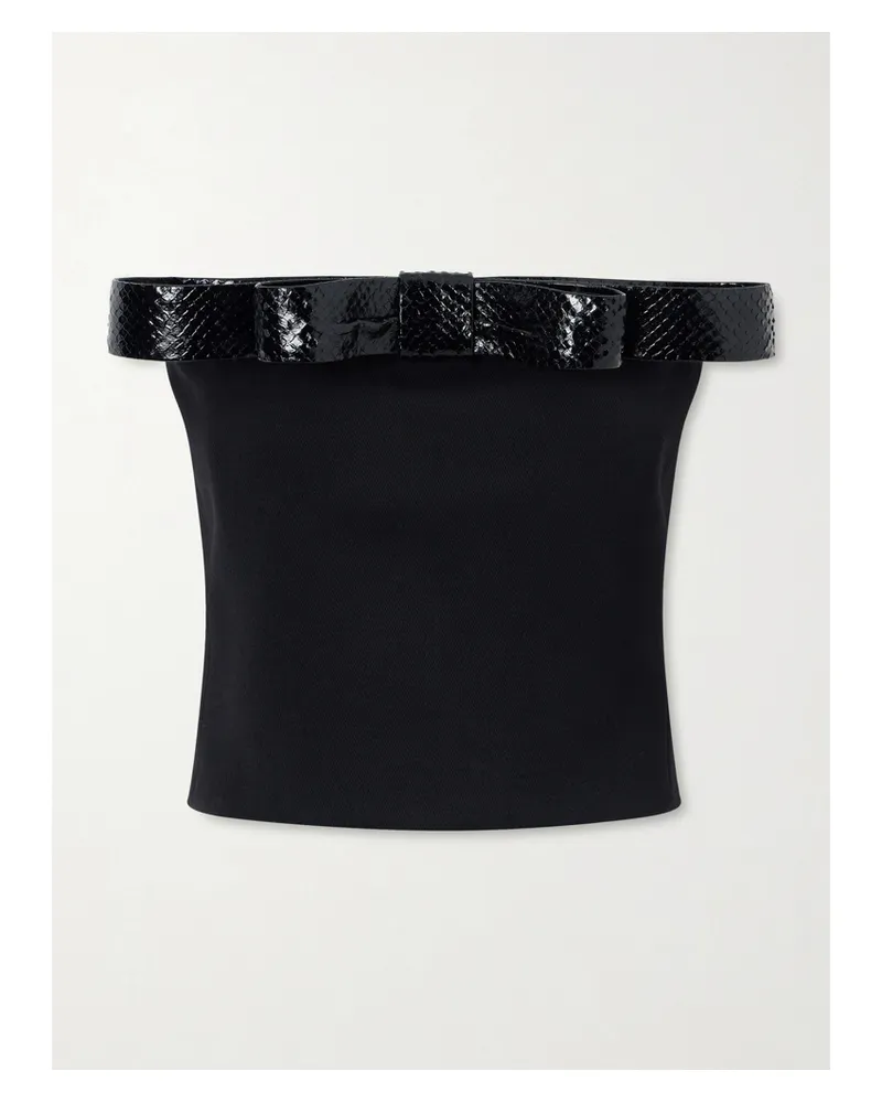 Tom Ford Off-the-shoulder Snake-effect Leather-trimmed Wool-twill Top - Black Black