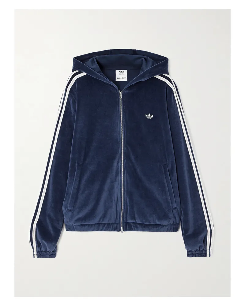 adidas Wales Bonner Kapuzenjacke Aus Velours Aus Einer Baumwollmischung Mit Streifen - Blau Blau