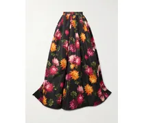 Maxirock Aus Faille Mit Blumenprint Und Falten - Schwarz