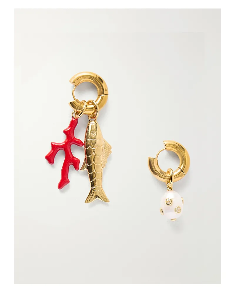 Martha Calvo Reef Plated-gold, Pearl And Enamel Earrings Gold