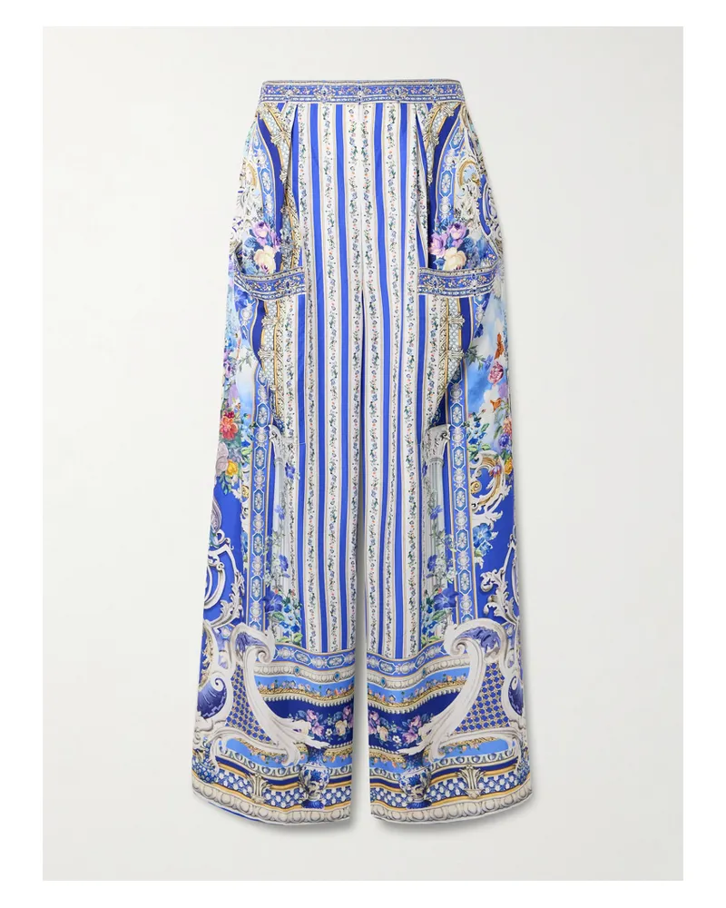 Camilla Crystal-embellished Printed Silk-satin Wide-leg Pants - Blue Blue