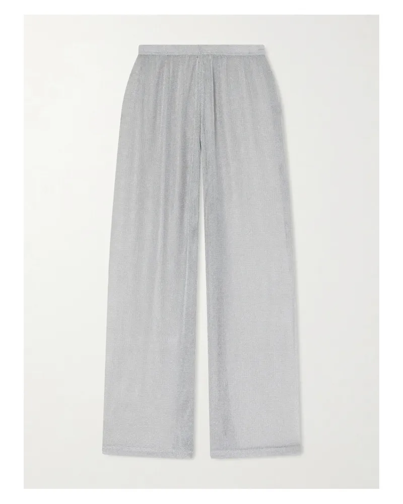 STAUD Ali Metallic Knitted Wide-leg Pants - Silver Silver