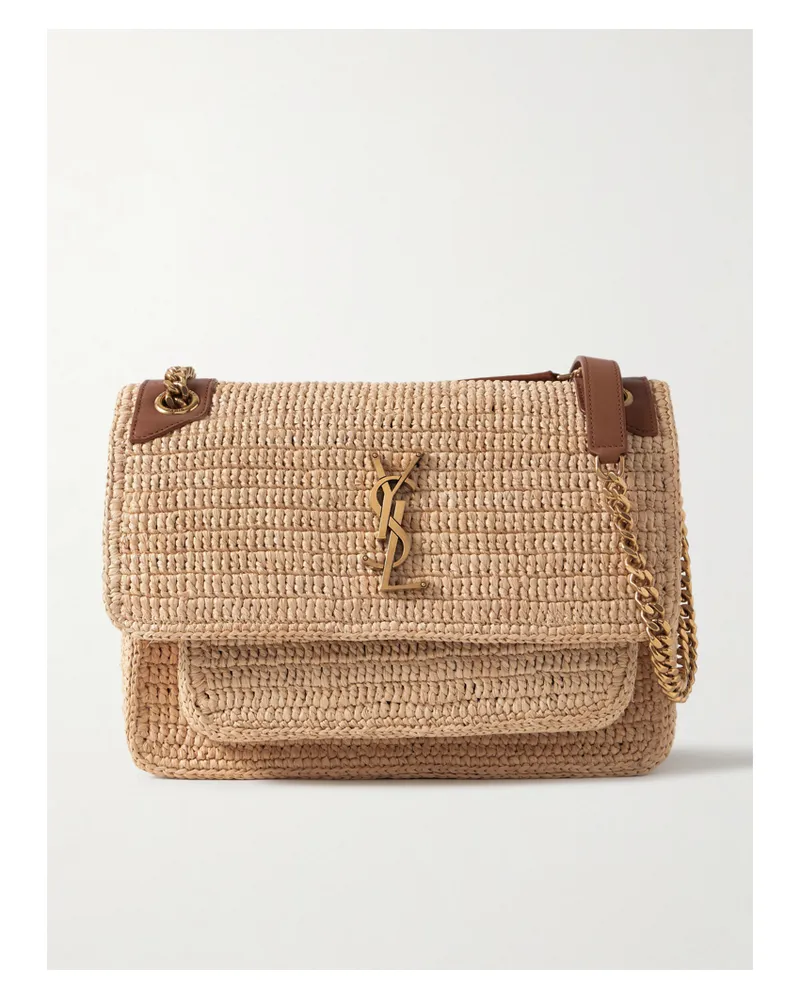 Saint Laurent Niki Medium Leather-trimmed Raffia Shoulder Bag - Brown Brown
