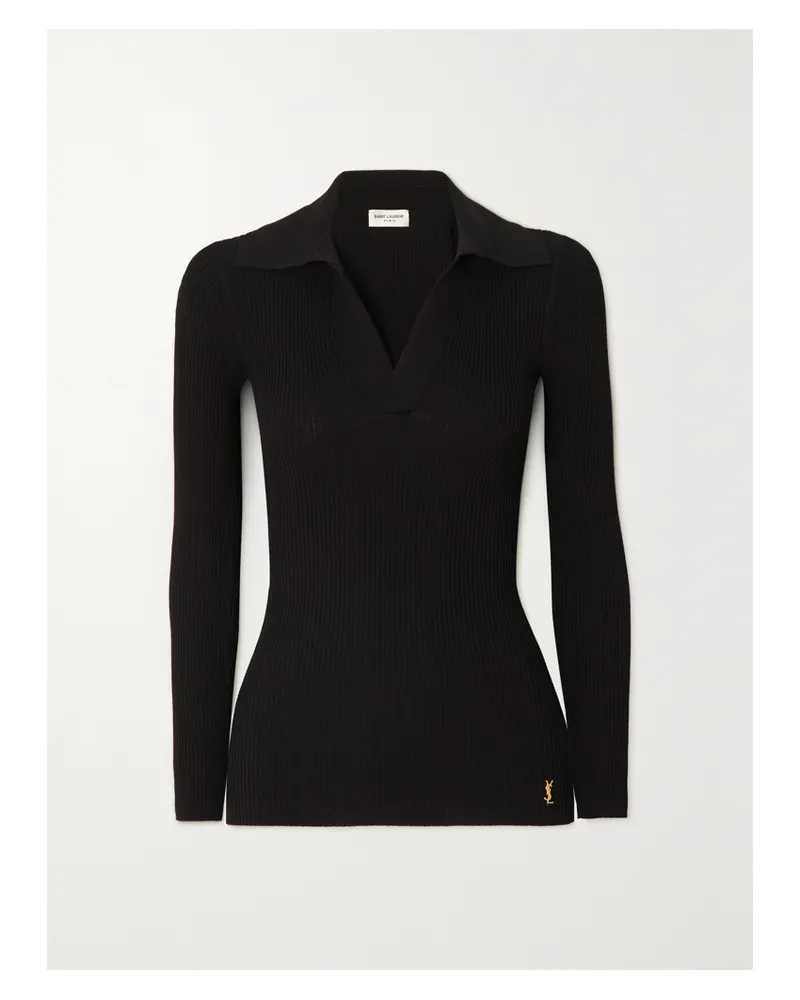 Saint Laurent Embellished Ribbed-knit Polo Sweater - Black Black