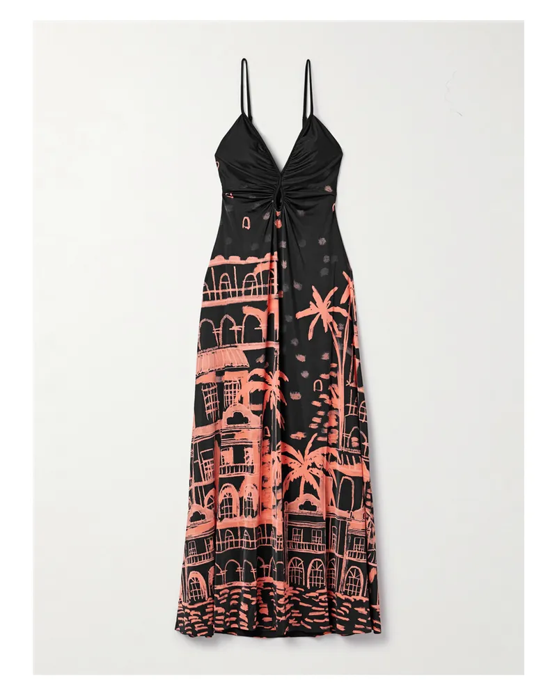 Johanna Ortiz Nuestra Tierra Ruched Printed Satin-jersey Maxi Dress - Black Black