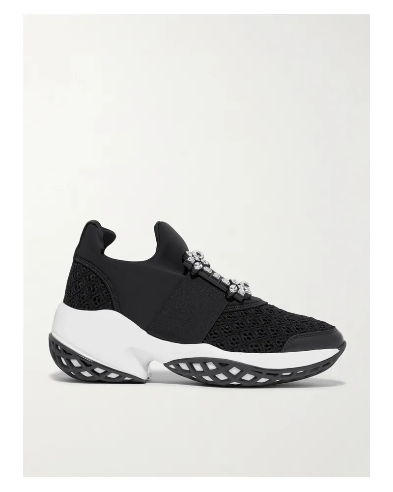 Roger Vivier Viv Run Crystal-embellished Stretch, Mesh And Leather Sneakers - Black Black