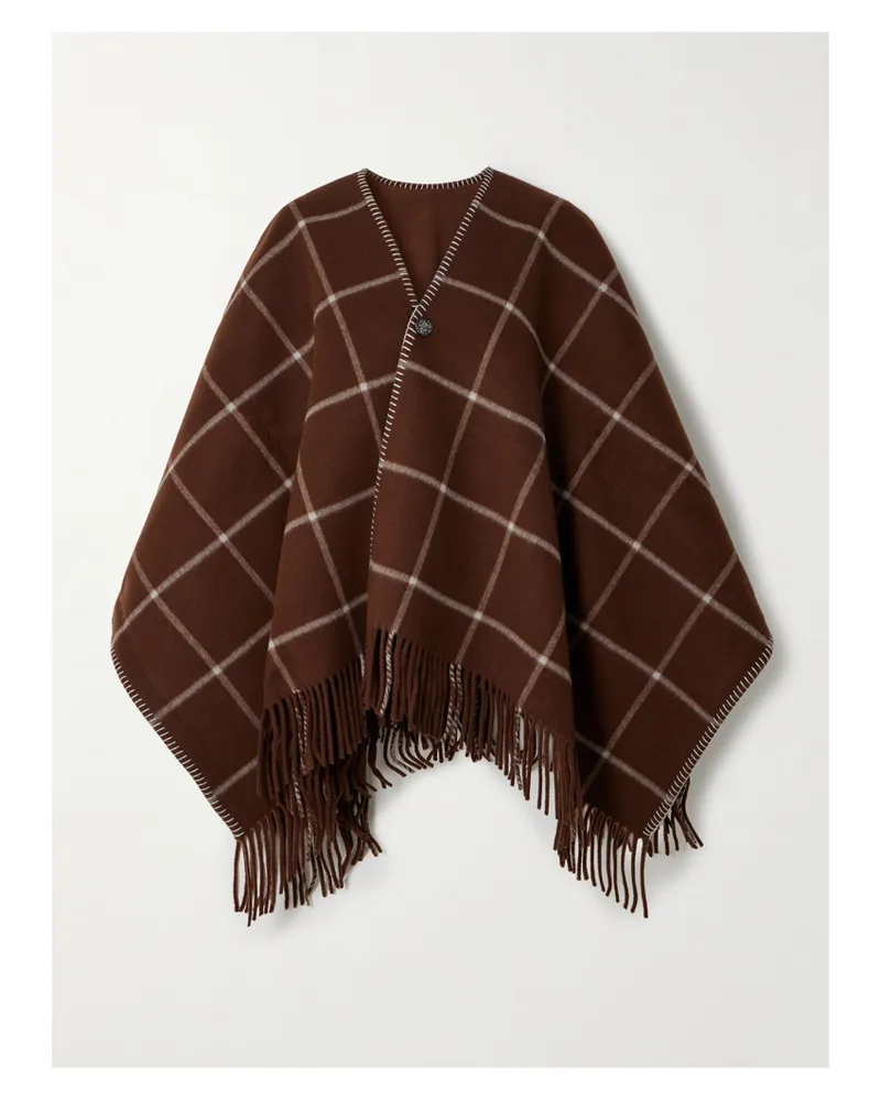 PURDEY Welbeck Fringed Whipstitched-trimmed Checked Wool And Cashmere-blend Cape - Brown Brown