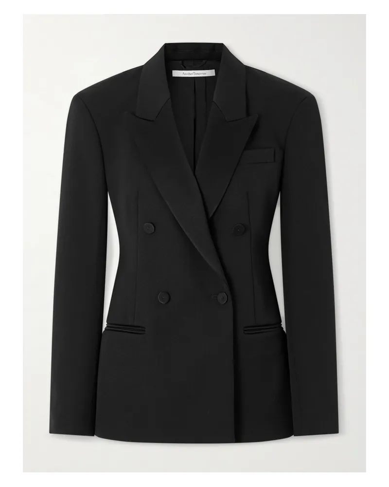 Another Tomorrow Double-breasted Satin-trimmed Wool-blend Twill Blazer - Black Black