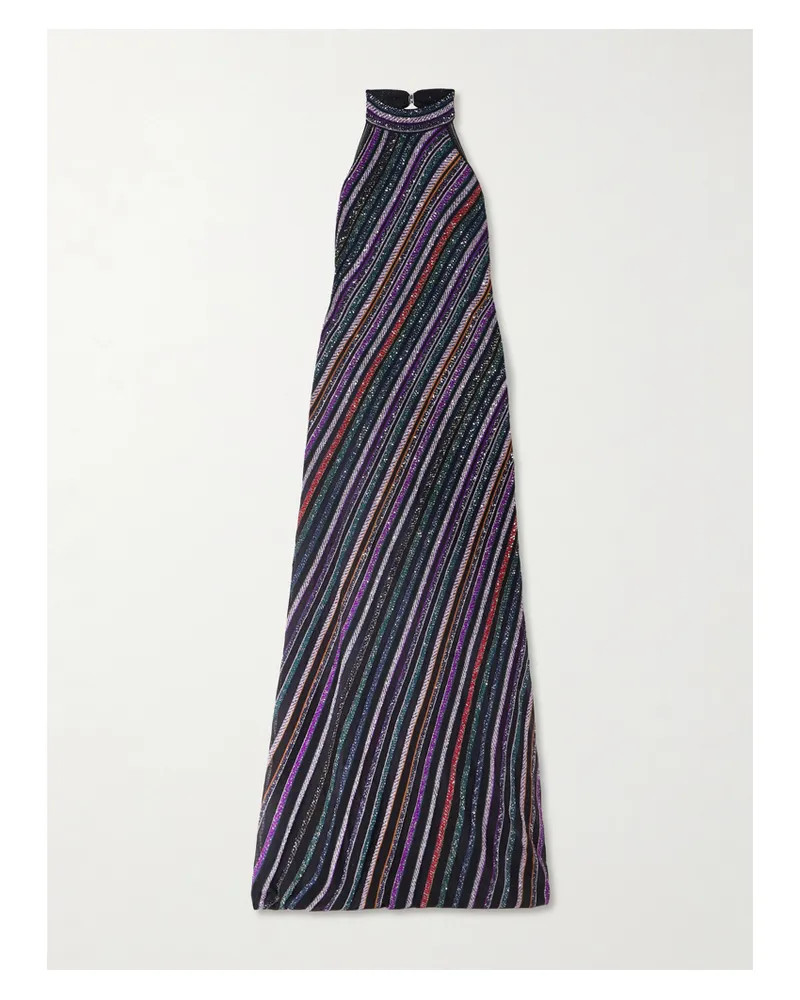 Missoni Neckholder-maxikleid Aus Gestreiftem Häkelstrick Mit Pailletten - Schwarz Schwarz
