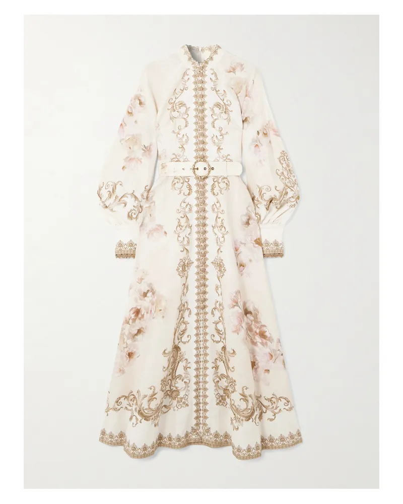 Zimmermann Midikleid Aus Leinen Mit Blumenprint Und Gürtel - Creme Creme