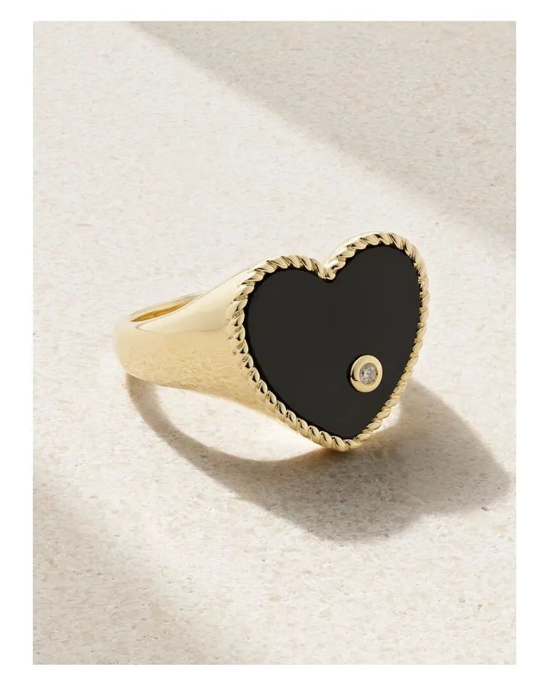 Yvonne Léon Chevalière Coeur Ring Aus 9 Karat Gold Mit Onyx Und Diamant - Schwarz Schwarz