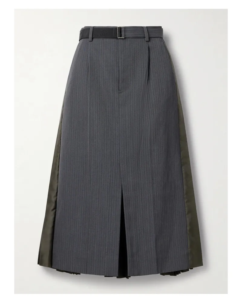 Sacai Midirock Aus Glänzendem Twill Und Webstoff Mit Streifen, Falten Und Gürtel - Grau Grau