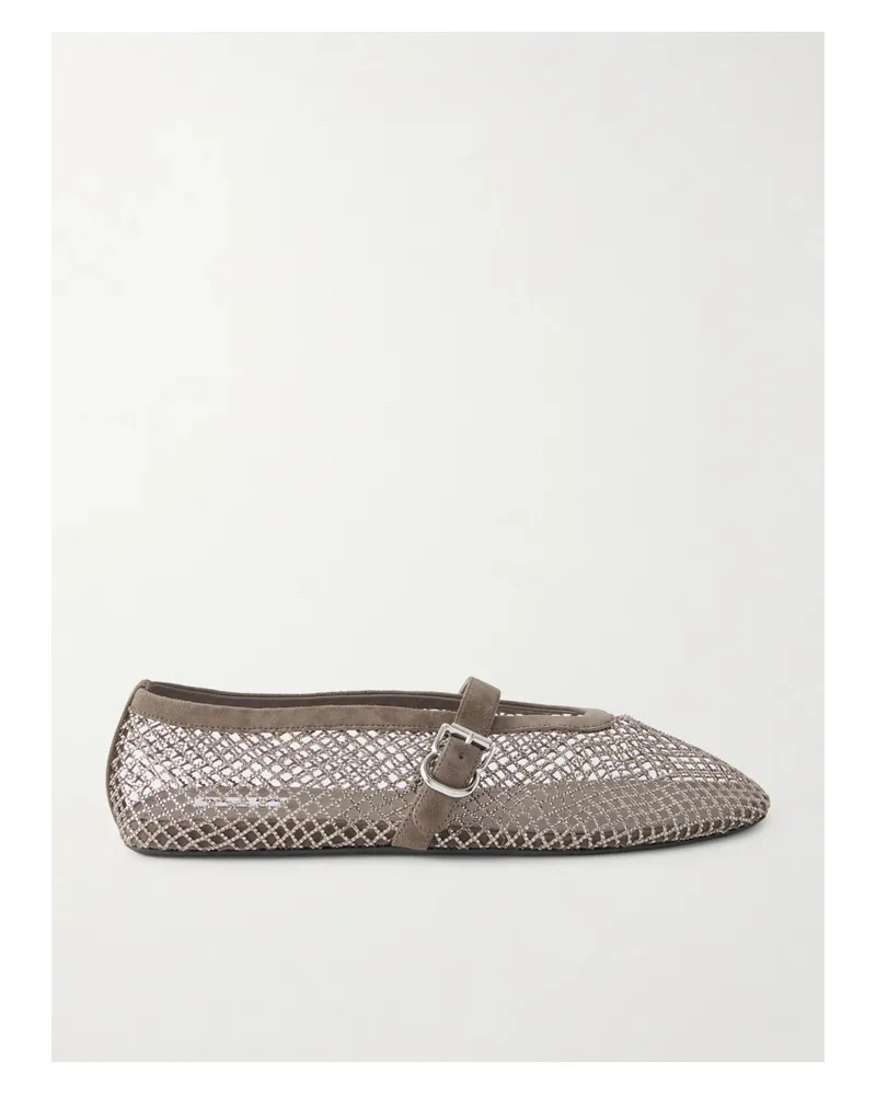 Alaïa Crystal-embellished Suede-trimmed Mesh Ballet Flats - Silver Silver