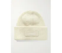 Le Bonnet Beanie Aus Rippstrick Mit Ripsbandbesatz - Wollweiß