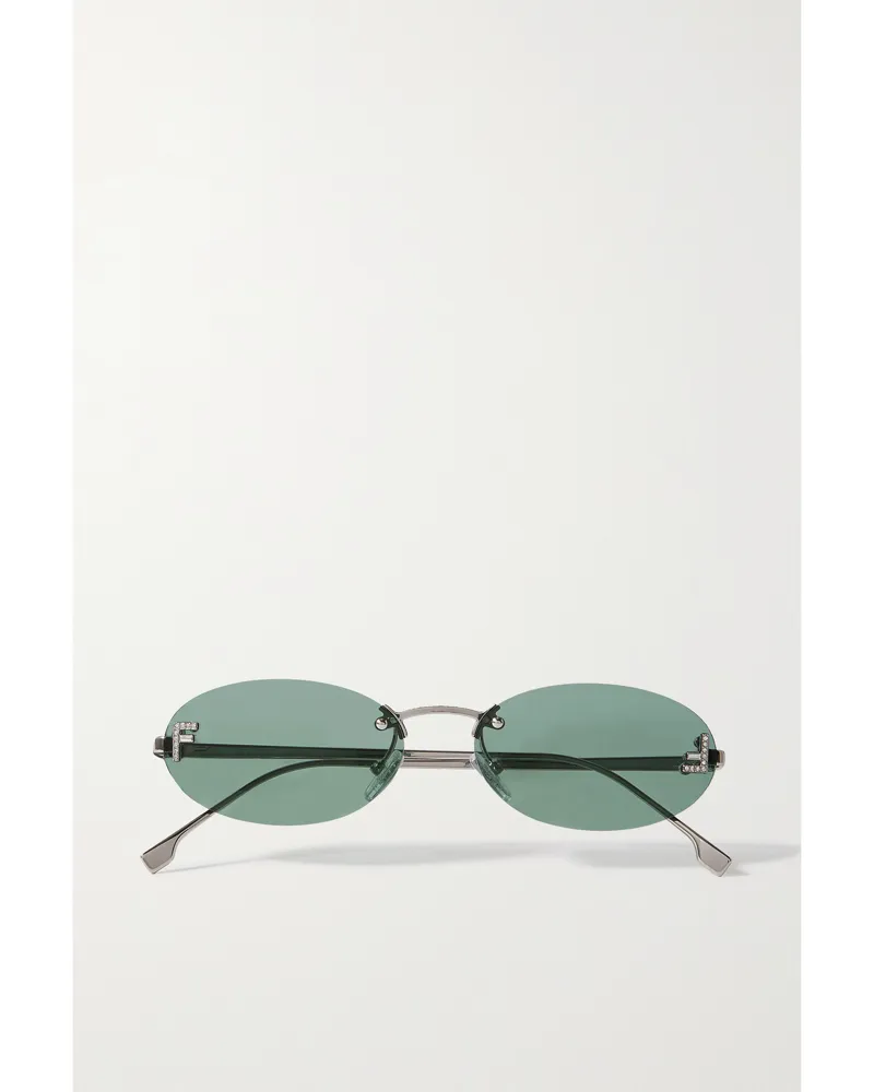 Fendi Silberfarbene Sonnenbrille Mit Ovalem Rahmen Und Kristallen - Grün Grün