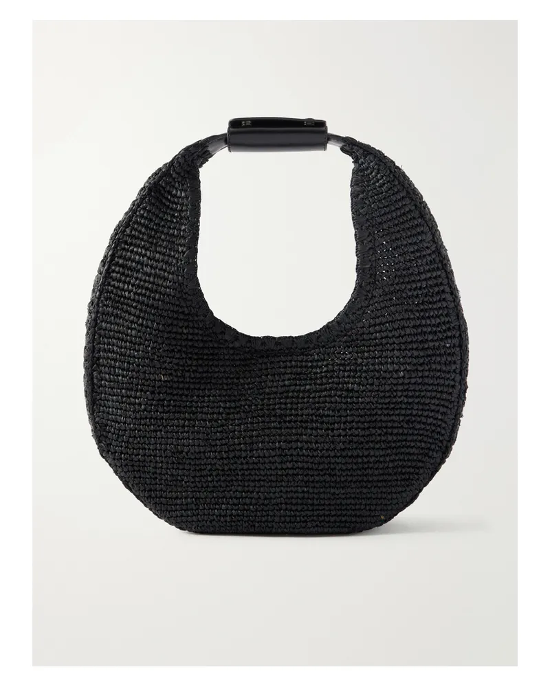 STAUD Moon Large Leather-trimmed Raffia Tote - Black Black