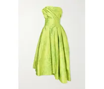 Asymmetric Frayed Pleated Floral-print Crinkled-satin Maxi Dress - Green