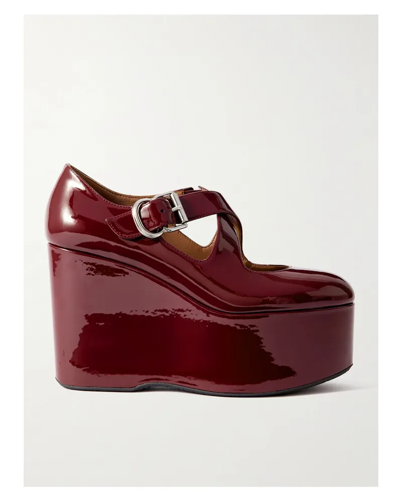 Alaïa 110 Patent-leather Platform Wedge Mary Jane Pumps - Burgundy Burgundy