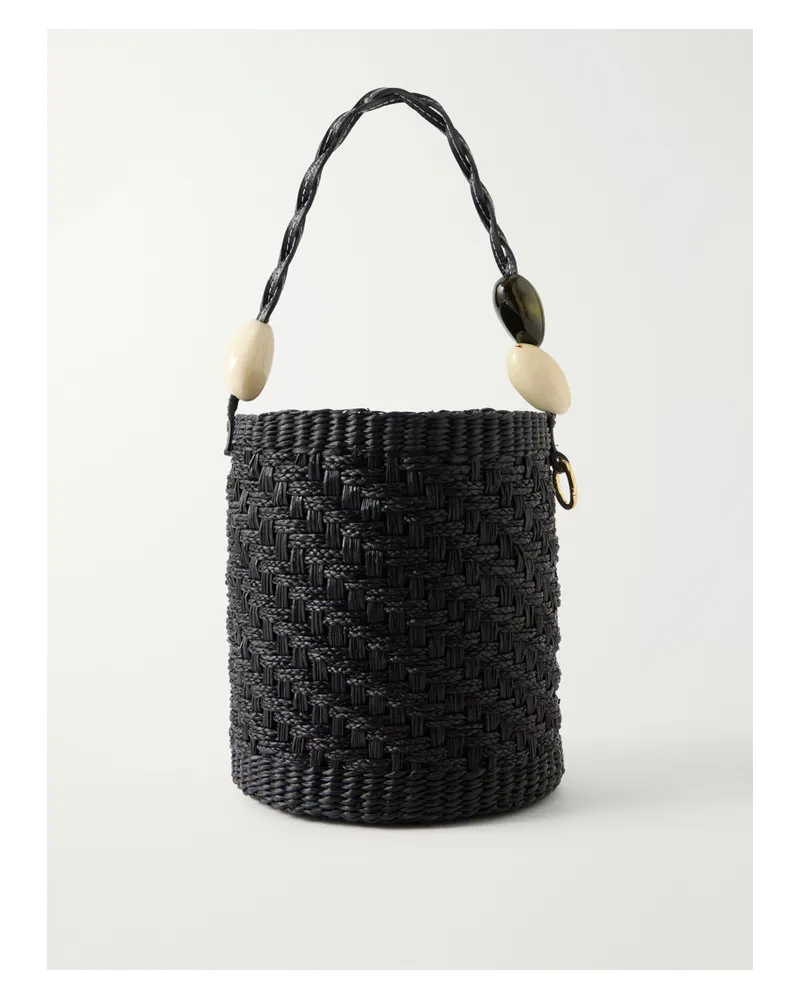Sensi Studio Embellished Leather-trimmed Straw Bucket Bag - Black Black