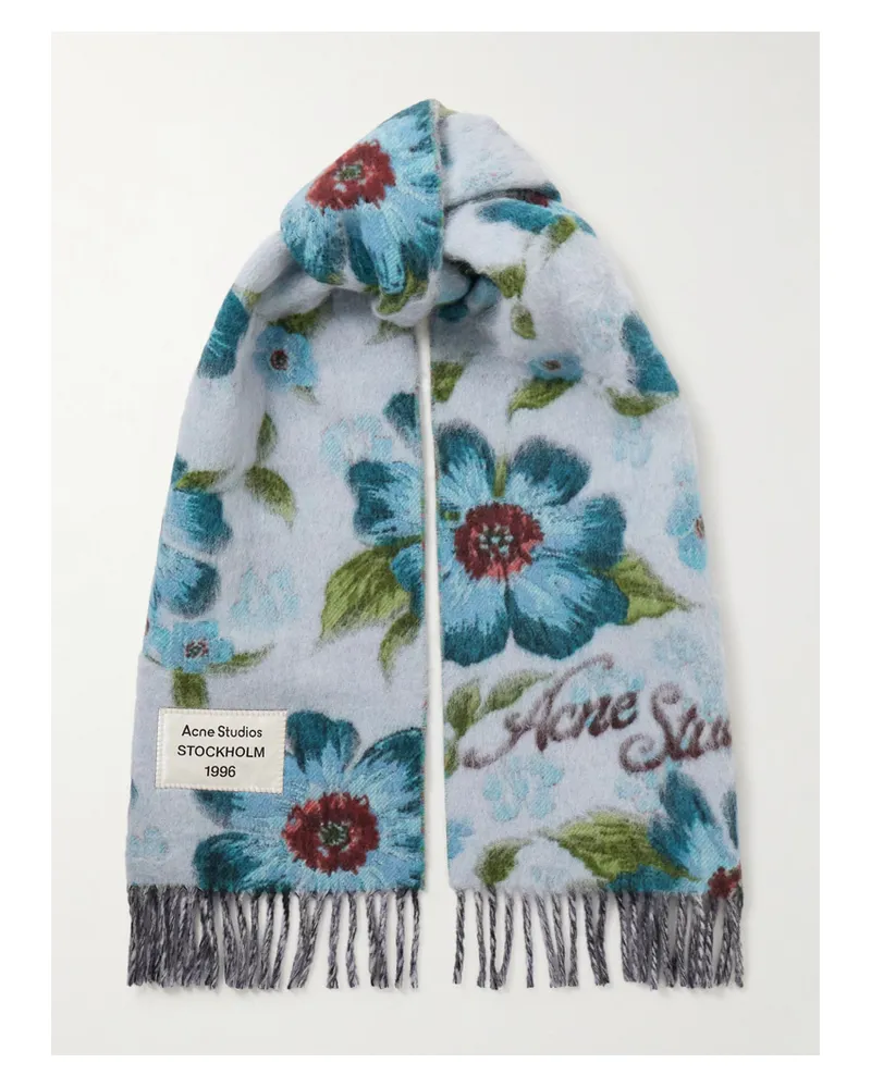 Acne Studios Schal Aus Einer Gebürsteten Wollmischung Mit Blumenprint Und Fransen - Blau Blau
