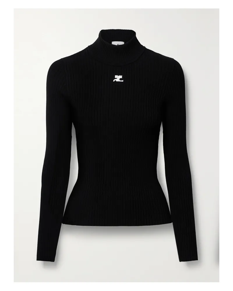 Courrèges Reedition Embroidered Ribbed-knit Turtleneck Sweater - Black Black