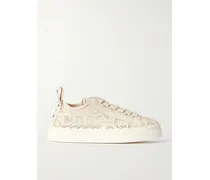 Lauren Scalloped Lace, Leather And Canvas Sneakers - Off-white