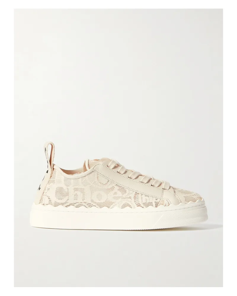 Chloé Lauren Scalloped Lace, Leather And Canvas Sneakers - Off-white Off-white
