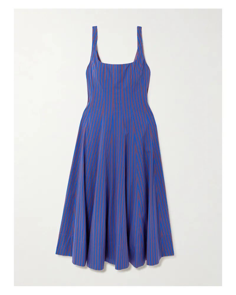 STAUD Wells Midikleid Aus Gestreifter Popeline Aus Einer Baumwollmischung Mit Falten - Blau Blau