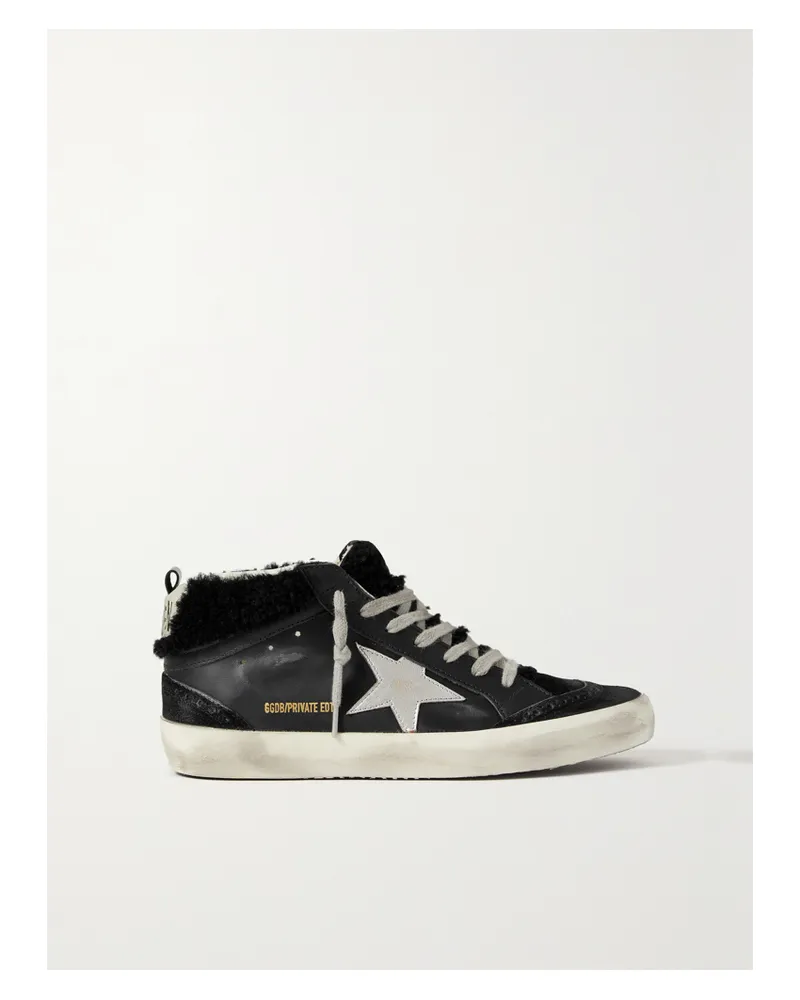Golden Goose Mid Star Sneakers Aus Leder Und Veloursleder Mit Shearling-futter In Distressed-optik - Schwarz Schwarz