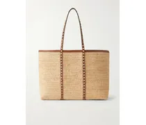 Rockstud Leather-trimmed Raffia Tote - Brown