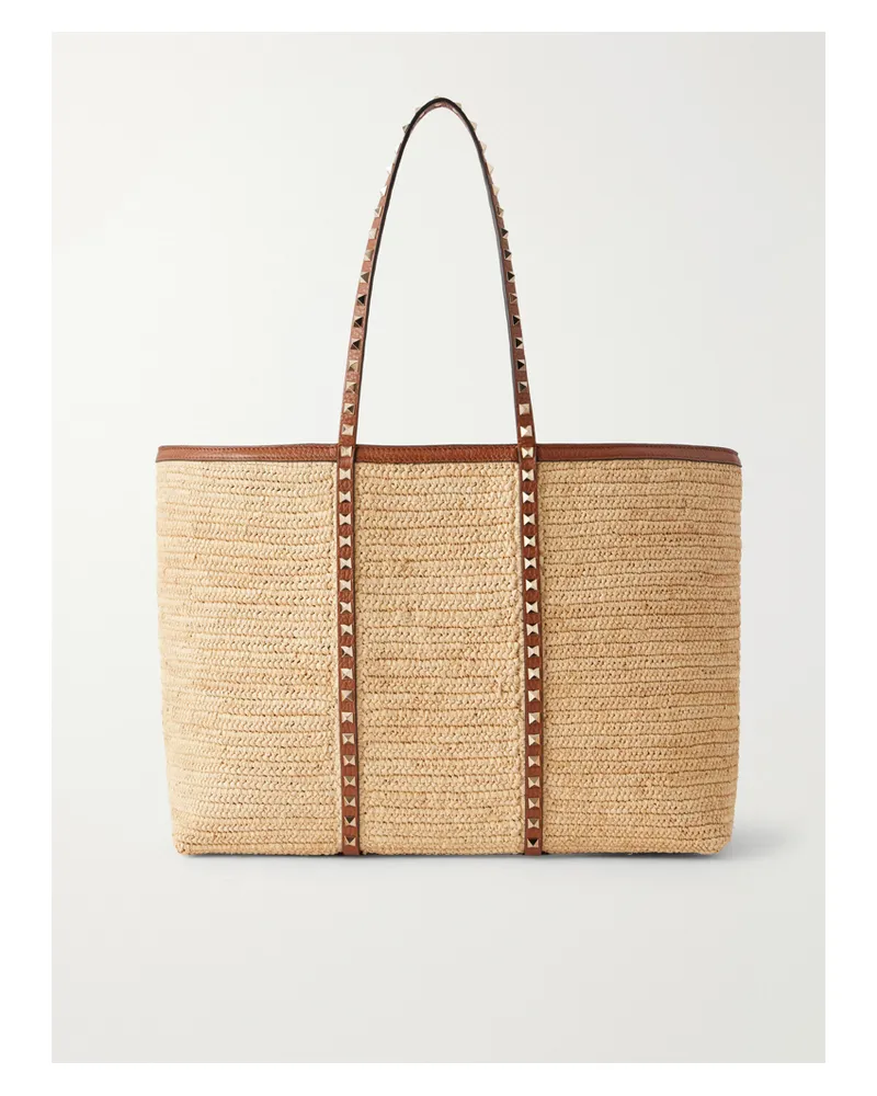 Valentino Garavani Rockstud Leather-trimmed Raffia Tote - Brown Brown