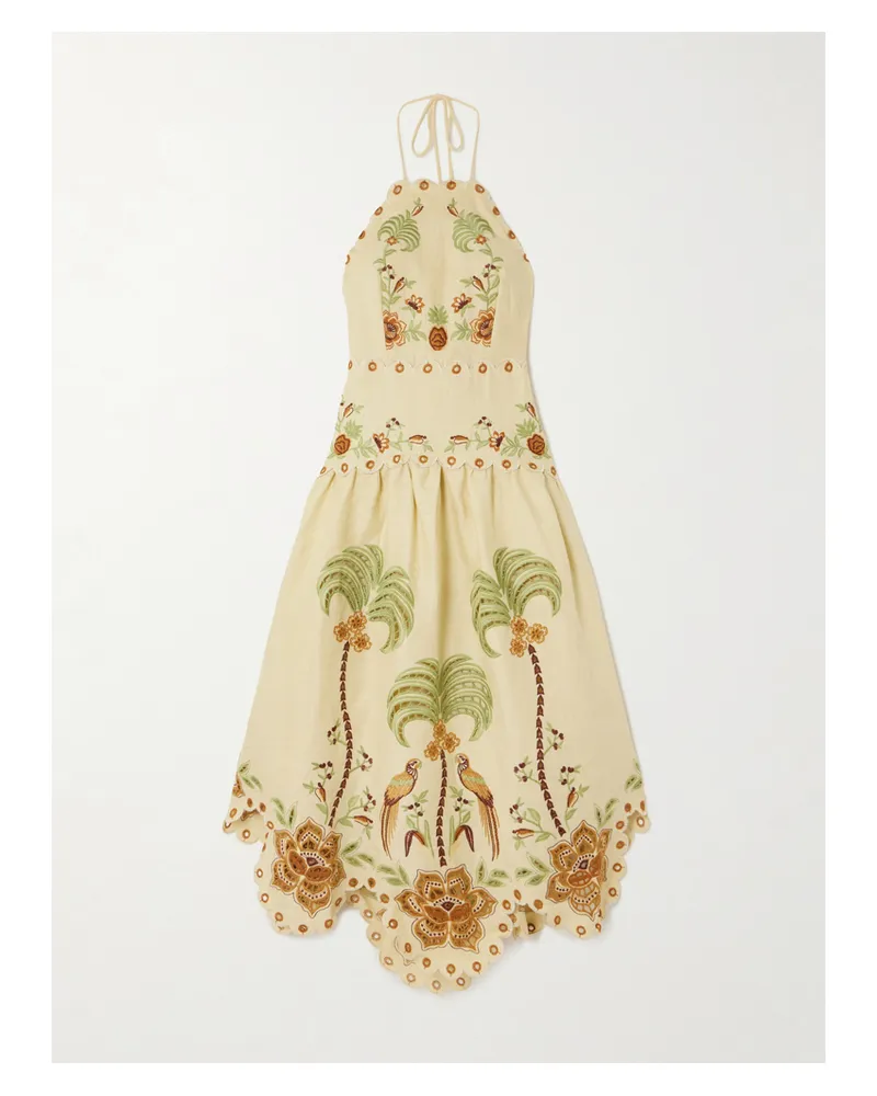 FARM Rio Neckholder-kleid Aus Leinen Mit Lochstickerei Und Wellenkanten - Neutral Neutral