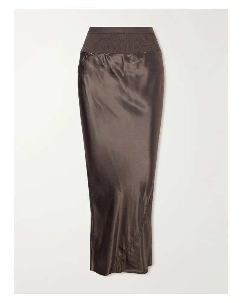 Rick Owens Ribbed Jersey And Recycled-satin Midi Skirt - Brown Brown
