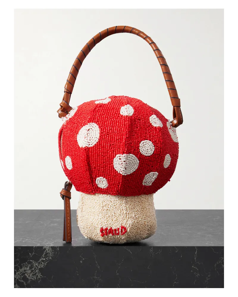 STAUD Shroom Leather-trimmed Beaded Satin Tote - Red Red