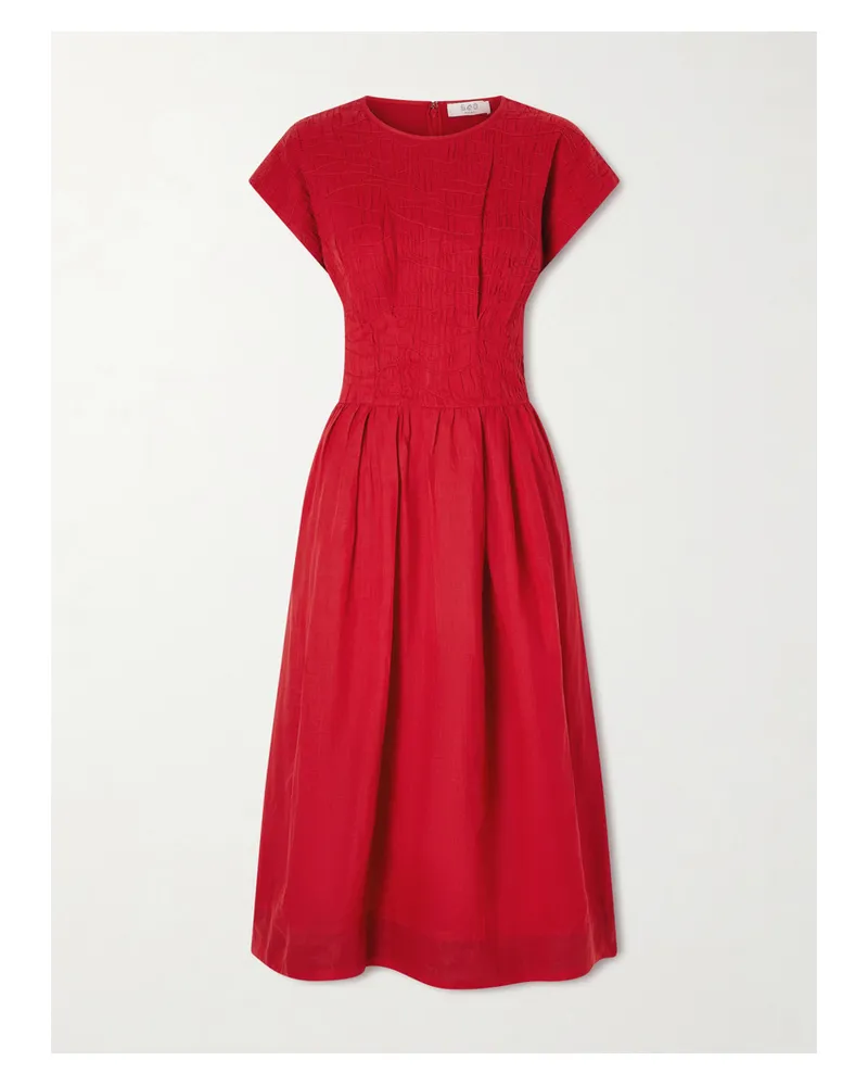 Sea Imogen Smocked Pleated Ramie Midi Dress - Red Red
