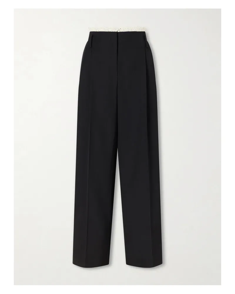 Magda Butrym Pleated Lace-trimmed Wool Wide-leg Pants - Black Black