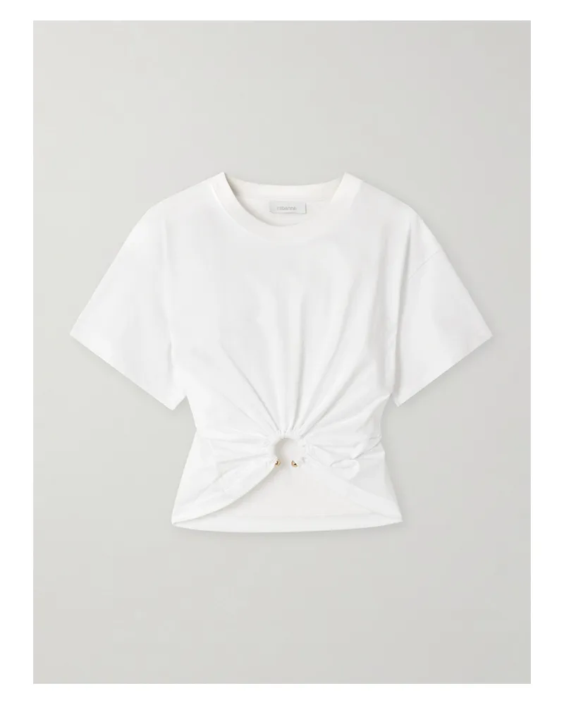 Paco Rabanne Cropped Embellished Gathered Cotton-jersey T-shirt - White White