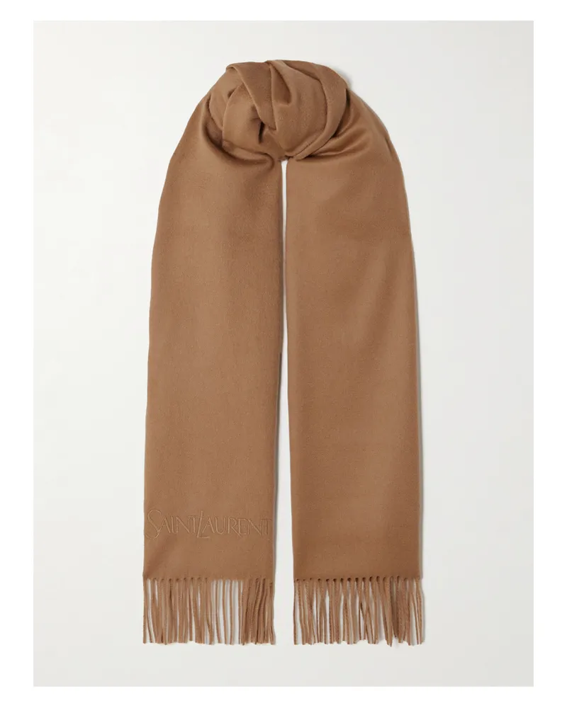 Saint Laurent Fringed Embroidered Cashmere Scarf - Brown Brown