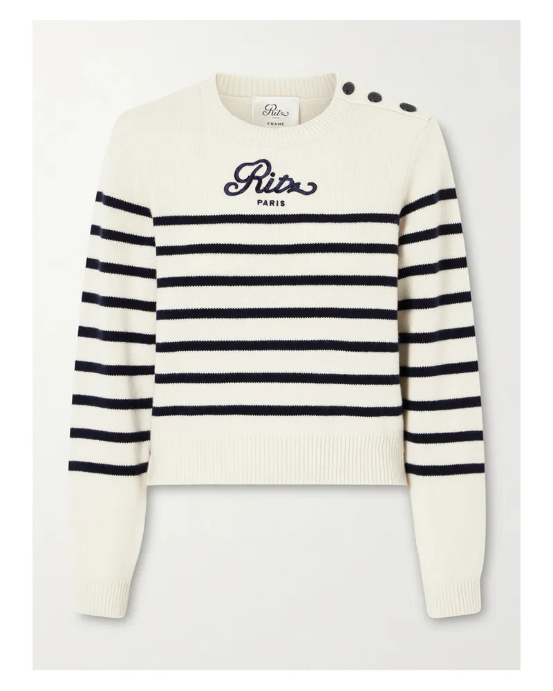 Frame Denim Ritz Paris Embroidered Striped Cashmere Sweater - Cream Cream