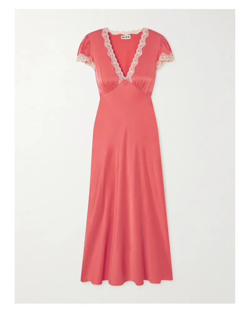RIXO Clarice Midikleid Aus Seidensatin Mit Spitzenbesätzen Und Applikation - Orange Orange