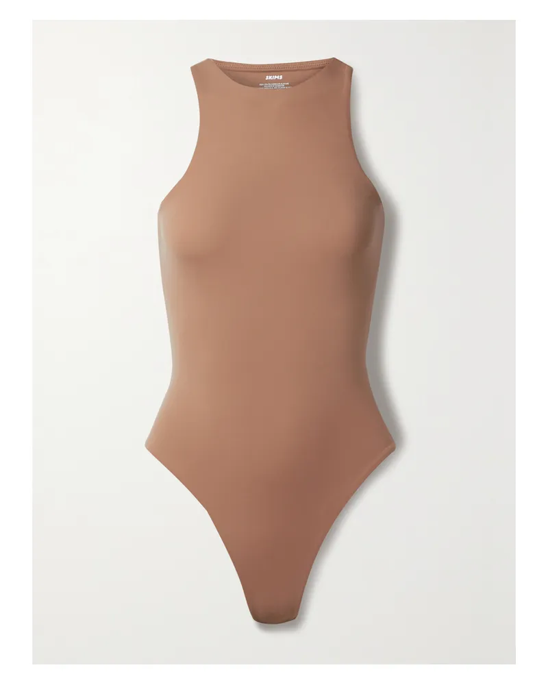 SKIMS Fits Everybody High Neck Bodysuit – Sienna – String-body Aus Glänzendem Stretch-jersey - Neutral Neutral