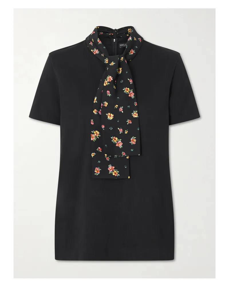 Dolce & Gabbana T-shirt Aus Jersey Aus Einer Baumwollmischung Mit Schaldetail Aus Satin - Schwarz Schwarz